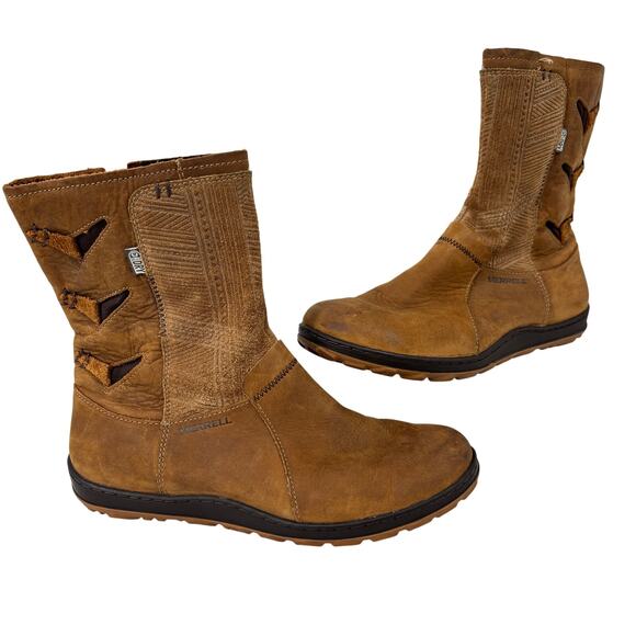 Merrell Boots Size 7 Brown Suede Leather Side Zip Mid Calf Waterproof Laser Cut - Picture 1 of 11